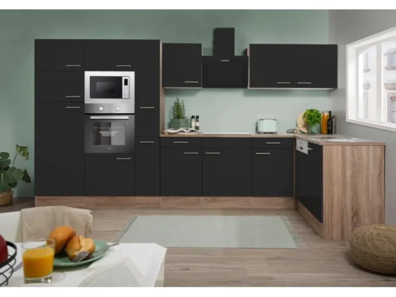 Respekta Winkelküche 370 cm Schwarz Seidenglanz-Eiche York Nachbildung