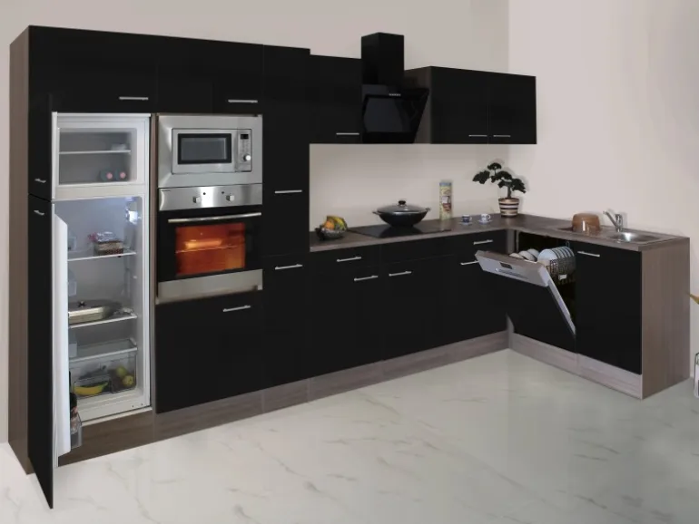 Respekta Winkelküche 370 cm Schwarz Seidenglanz-Eiche York Nachbildung