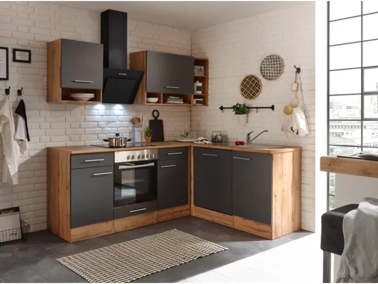 Respekta Winkelküche BEKBL220EGC 220 x 172 cm Grau-Wildeiche Nachbildung