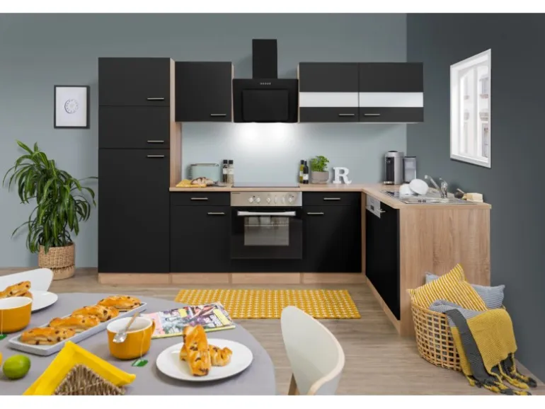 Respekta Winkelküche KBL280ESWSC 280 cm Schwarz-Eiche Sonoma Sägerau Nachbildung