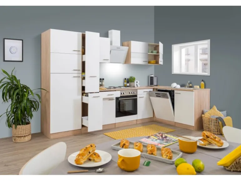 Respekta Winkelküche KBL310ESWS 310 cm Weiß-Eiche Sonoma Sägerau Nachbildung