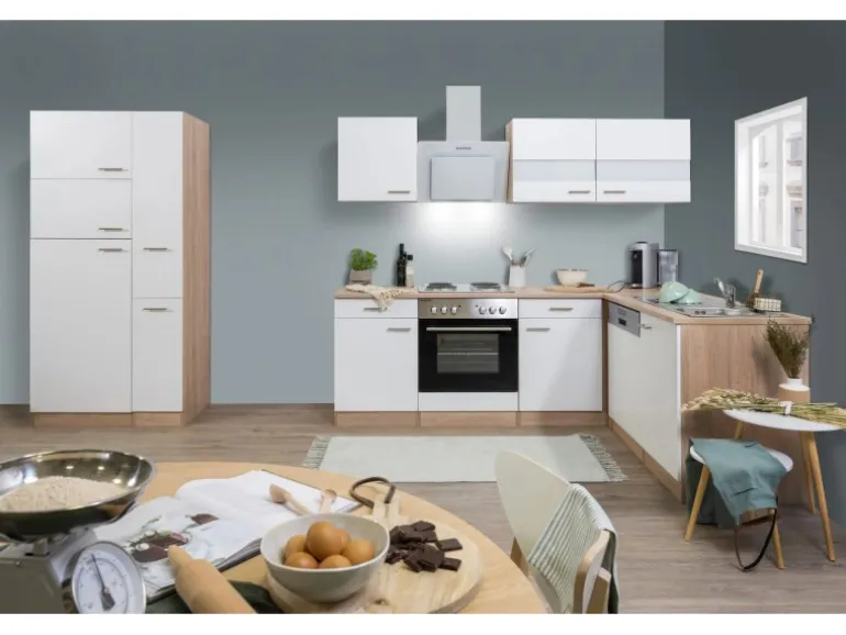 Respekta Winkelküche KBL310ESWS 310 cm Weiß-Eiche Sonoma Sägerau Nachbildung