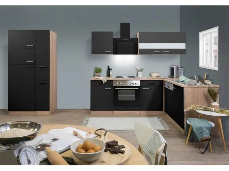 Respekta Winkelküche KBL310ESSS 310 cm Schwarz-Eiche Sonoma Sägerau Nachbildung