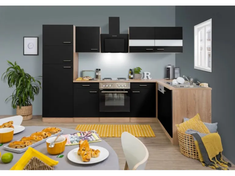 Respekta Winkelküche KBL280ESSS 280 cm Schwarz-Eiche Sonoma Sägerau Nachbildung