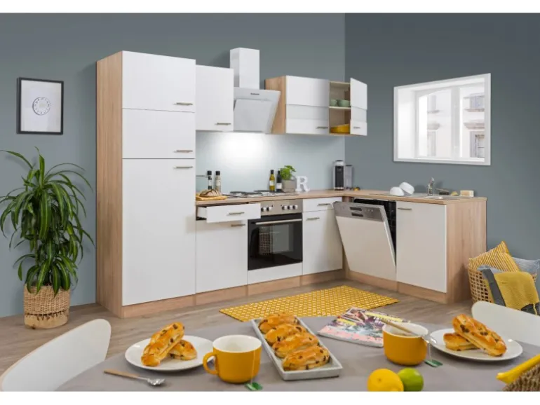 Respekta Winkelküche KBL280ESWS 280 cm Weiß-Eiche Sonoma Sägerau Nachbildung