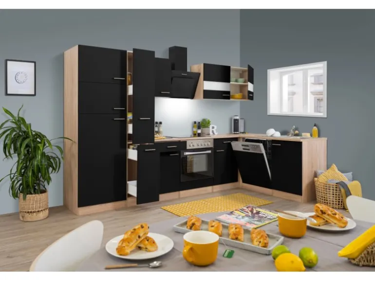 Respekta Winkelküche KBL310ESSSC 310 cm Schwarz Eiche Sonoma Sägerau Nachbildung