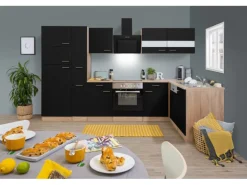 Respekta Winkelküche KBL310ESSSC 310 cm Schwarz Eiche Sonoma Sägerau Nachbildung