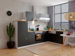 Respekta Winkelküche KBL280WSCG 280 x 172 cm Schwarz-Weiß-Butcher Nussbaum