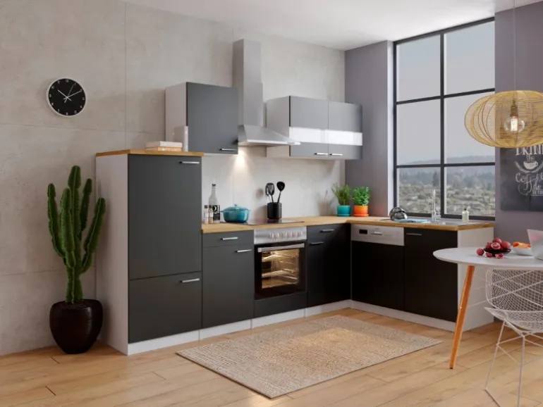 Respekta Winkelküche KBL280WSCG 280 x 172 cm Schwarz-Weiß-Butcher Nussbaum