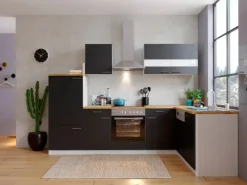 Respekta Winkelküche KBL280WSCG 280 x 172 cm Schwarz-Weiß-Butcher Nussbaum