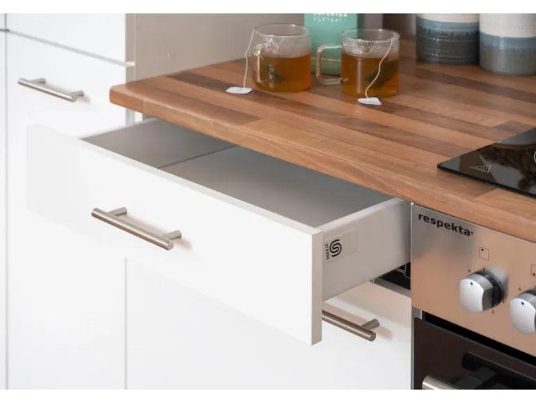 Respekta Winkelküche KBL280WWCG 280 x 172 cm Weiß-Butcher Nussbaum