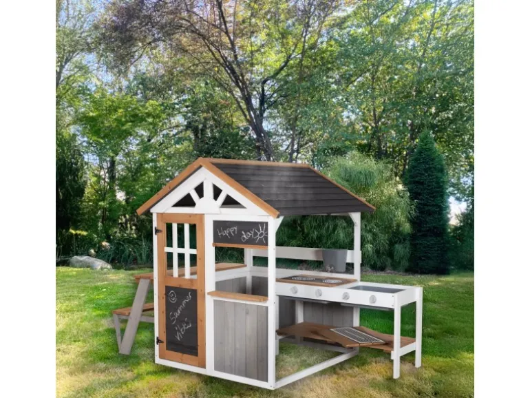 roba Gartenspielhaus aus Holz inkl. Spielküche mit Kochfeldern Picknick Tisch und Bank