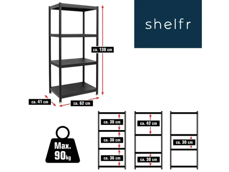 shelfr Industrial Design Metallregal auf 4 Ebenen 61 x 41 x 130 cm Schwarz