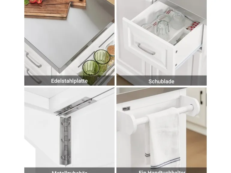 SoBuy Kücheninsel Küchenwagen mit Ausziehbarer Edelstahlarbeitsplatte 130x91x71cm Weiß FKW128-ST