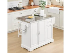 SoBuy Kücheninsel Küchenwagen mit Ausziehbarer Edelstahlarbeitsplatte 130x91x71cm Weiß FKW128-ST
