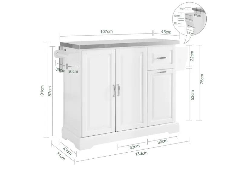 SoBuy Kücheninsel Küchenwagen mit Ausziehbarer Edelstahlarbeitsplatte 130x91x71cm Weiß FKW128-ST