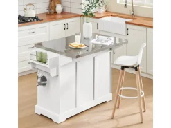 SoBuy Kücheninsel Küchenwagen mit Ausziehbarer Edelstahlarbeitsplatte 130x91x71cm Weiß FKW128-ST