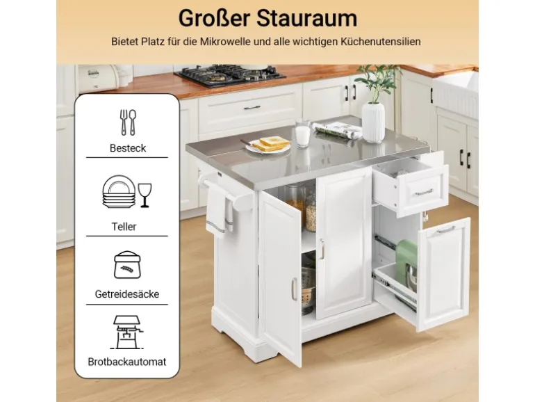 SoBuy Kücheninsel Küchenwagen mit Ausziehbarer Edelstahlarbeitsplatte 130x91x71cm Weiß FKW128-ST