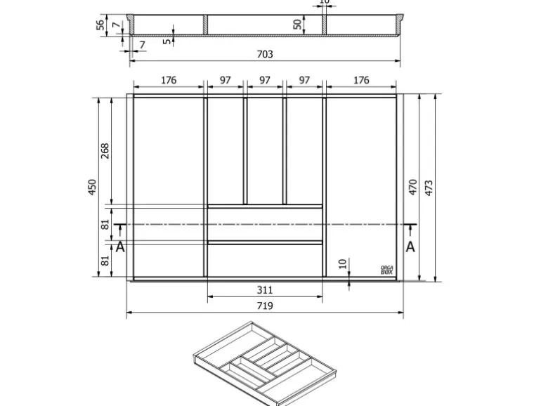 SOTECH Orga-Box-1 Bambus Besteckeinsatz 7 Fächer Für Blum Tandembox Antaro Schubladen 719x473x56 mm im 80er Schrank