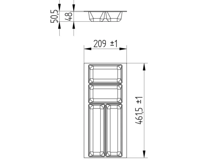 SOTECH ORGA-BOX-2 Besteckeinsatz Tiefe 462 mm Höhe 50,5 mm Für Nobilia Küchen Canvas Struktur Silbergrau Breite 209 mm