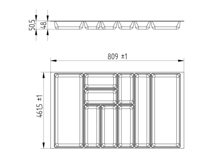 SOTECH ORGA-BOX-2 Besteckeinsatz Tiefe 462 mm Höhe 50,5 mm Für Nobilia Küchen Canvas Struktur Silbergrau Breite 809 mm
