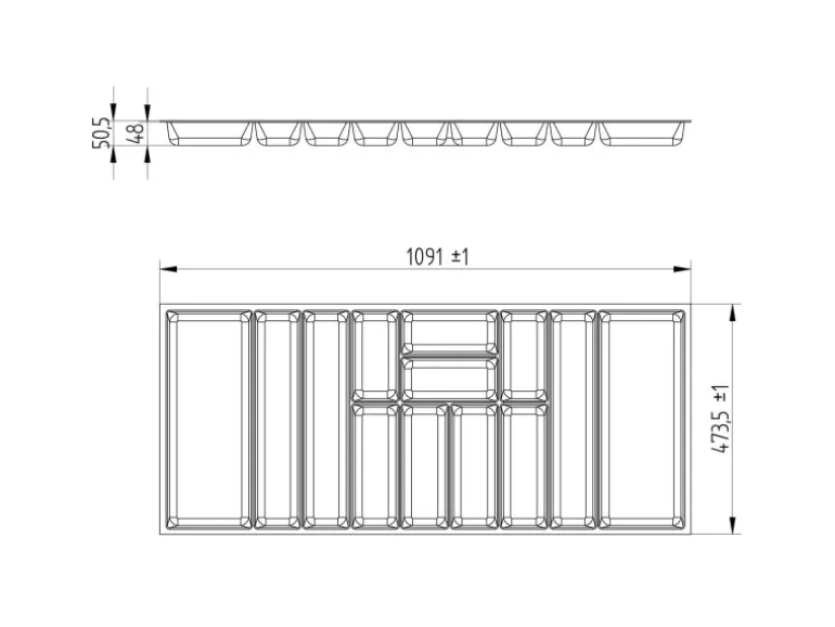 SOTECH ORGA-BOX-3 Besteckeinsätze Tiefe 473 mm Höhe 50,5 mm Silbergrau Schubladeneinsätze Breite 1091 mm