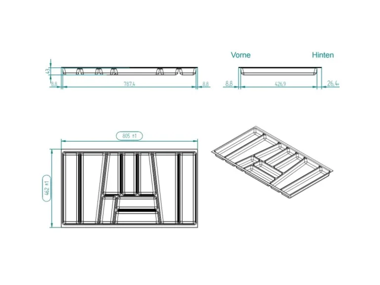 SOTECH ORGA-BOX II Besteckeinsatz 900 mm Höhe 45 mm Silbergrau Für Nobilia Schubladen
