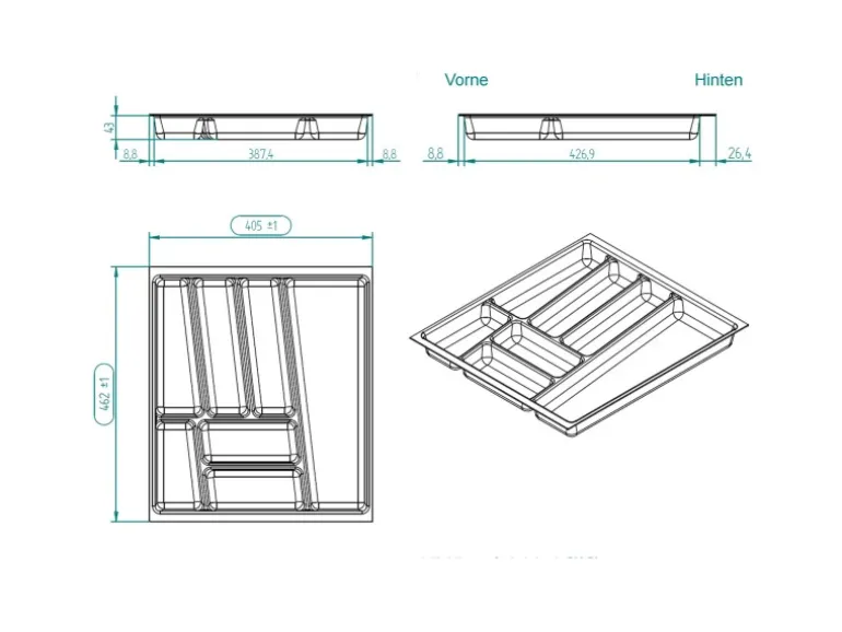 SOTECH ORGA-BOX II Besteckeinsatz 500 mm Höhe 45 mm Silbergrau Für Nobilia Schubladen