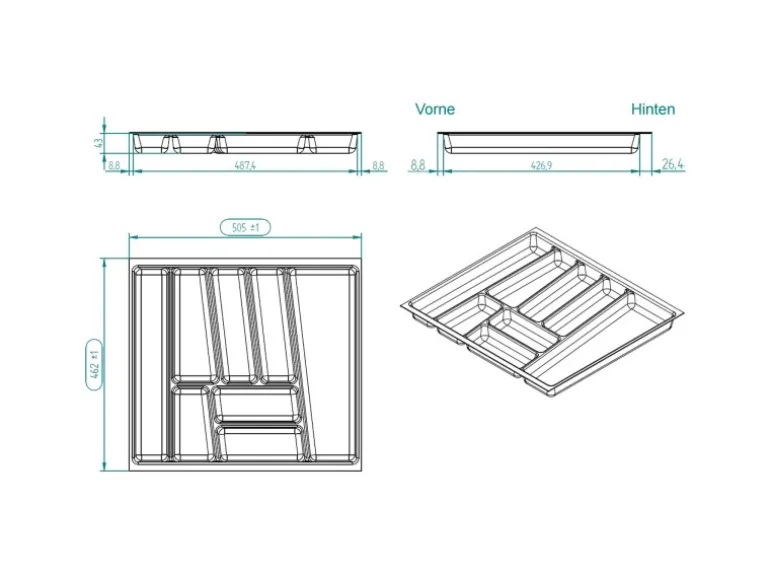 SOTECH ORGA-BOX II Besteckeinsatz 600 mm Höhe 45 mm Silbergrau Für Nobilia Schubladen
