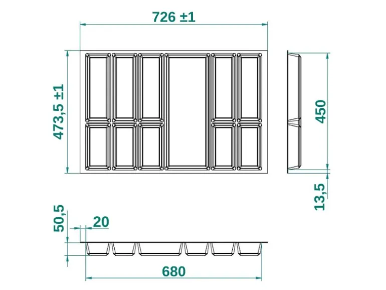 SOTECH ORGA-BOX IV UNIVERSAL Besteckeinsatz 800 mm Höhe 53 mm Schubkasteneinsatz Besteckeinteilung