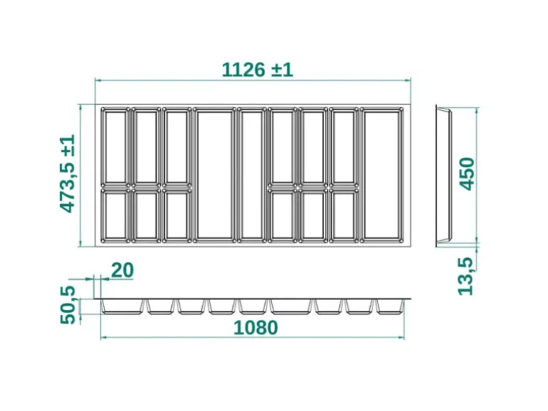 SOTECH ORGA-BOX IV UNIVERSAL Besteckeinsatz 1200 mm Höhe 53 mm Schubkasteneinsatz Besteckeinteilung