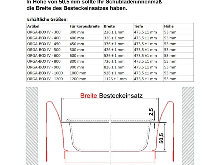 SOTECH ORGA-BOX IV UNIVERSAL Besteckeinsatz 1200 mm Höhe 53 mm Schubkasteneinsatz Besteckeinteilung