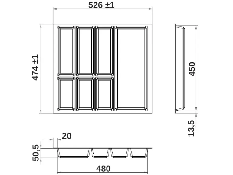 SOTECH Orga-Box VII Besteckeinsatz Basaltgrau 600 mm Höhe 50,5 mm mit Softtouch Oberfläche