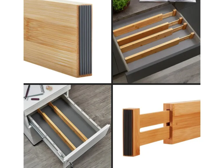 SOTECH 4-Teiliges ORGA-BOX Bambus Schubladen Trennsystem 354 bis 482 mm Höhe 63 mm mit Federmechanismus