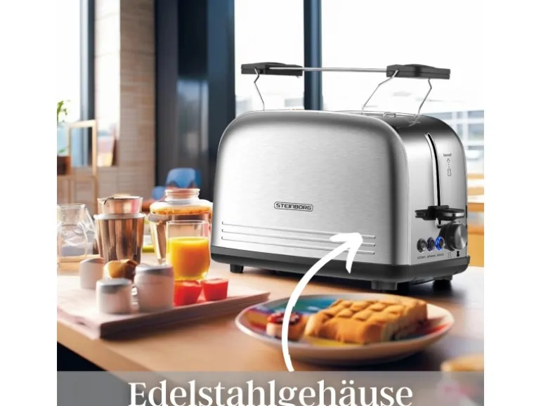 Steinborg SB-2071 2 Scheiben Edelstahl Toaster mit Brötchenaufsatz 850 Watt