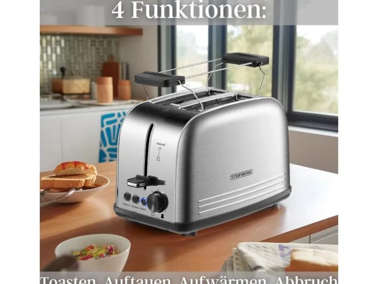Steinborg SB-2071 2 Scheiben Edelstahl Toaster mit Brötchenaufsatz 850 Watt