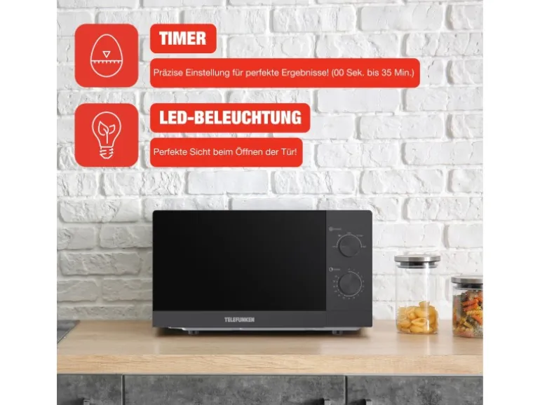 Telefunken Mikrowelle Solo Mikrowellengerät Klein mit 20 L Garraum 700 W 5 Leistungsstufen Schwarz B-MW-20-G-B