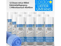 Toldoro Set 12x Edelstahl Pflegespray 400ml  Edelstahlreiniger für Küche oder Grill Edelstahlpflege Spray als Reinigungsmittel oder Metallreiniger