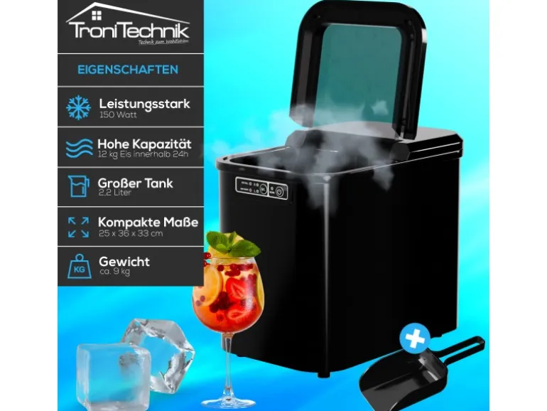 TroniTechnik Eiswürfelmaschine Ice Maker Eiswürfelbereiter Schwarz Kunststoff