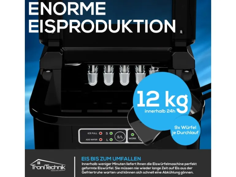 TroniTechnik Eiswürfelmaschine Ice Maker Eiswürfelbereiter Schwarz Kunststoff