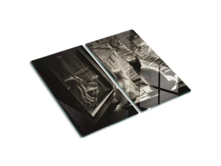 Tulup Herdabdeckplatte SET aus 2 Stück 30x52 cm Schneidebrett Glas Schutzplatte Küchenutensilien Katzen im Fenster