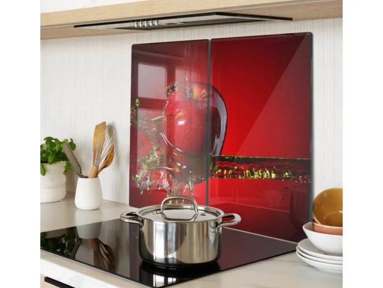 Tulup Herdabdeckplatte SET aus 2 Stück 30x52 cm Glas-Servierbrett Küchenutensilien Spritzschutz Apfel und Wasser