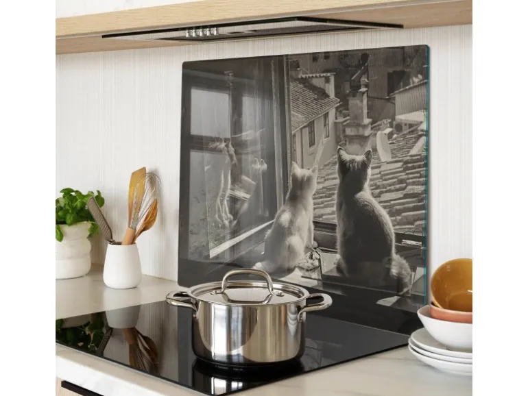 Tulup Herdabdeckplatte 60x52 cm Schneidebrett aus Glas Küchenutensilien Spritzschutz Abdeckung Katzen im Fenster