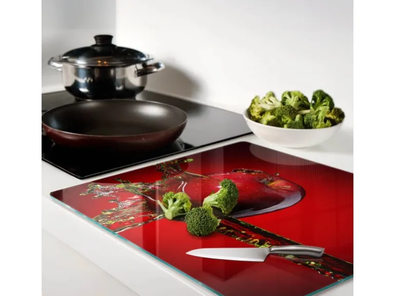 Tulup Herdabdeckplatte 60x52 cm Schneidebrett Glas Schutzplatte Küchenutensilien Spritzschutz Apfel und Wasser