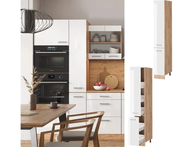 Vicco Apothekerschrank R-Line Medizinschrank für die Küche Weiß Hochglanz/Goldkraft Eiche 30 cm