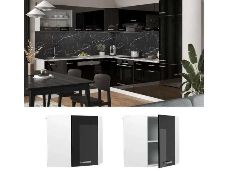 Vicco Eckhängeschrank R-Line Küchen-Eckschrank Schwarz Hochglanz/Weiß 57 cm