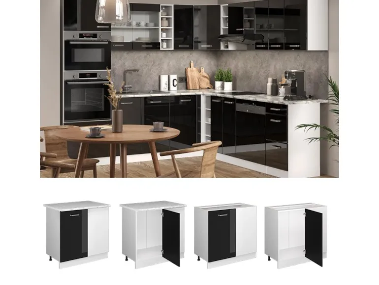 Vicco Eckunterschrank R-Line Küchen Eckschrank Schwarz Hochglanz/Weiß 86 cm AP Eiche