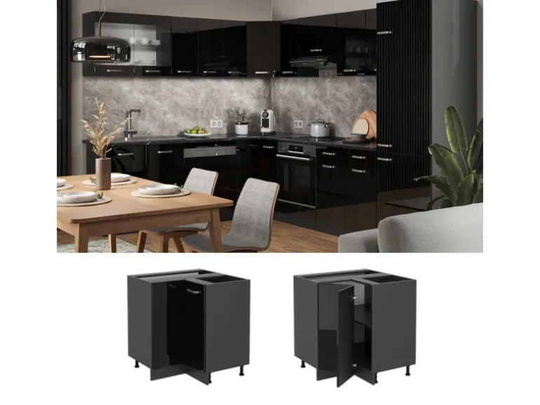 Vicco Eckunterschrank R-Line Schwarz Hochglanz/Anthrazit 76 cm ohne Arbeitsplatte