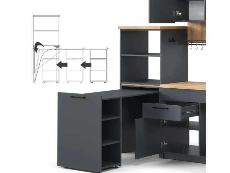 Vicco Egbert Küchenzeile Anthrazit 160 cm mit Ausziehbarem Tisch mit LED-LeistenEgbert ohne E-Geräte