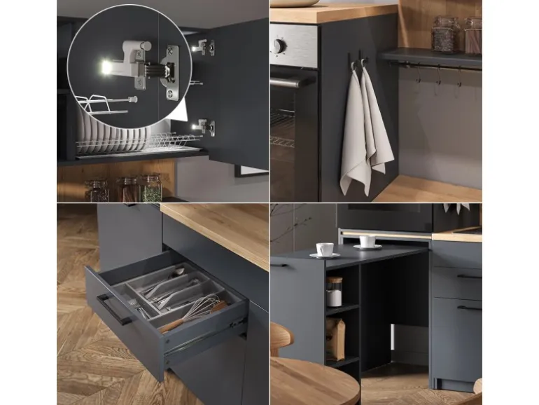 Vicco Egbert Küchenzeile Anthrazit 160 cm mit Ausziehbarem Tisch mit LED-LeistenEgbert ohne E-Geräte